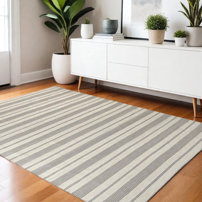 4' X 6' Gray and Ivory Striped Hand Woven Area Rug Homeroots Outdoor
