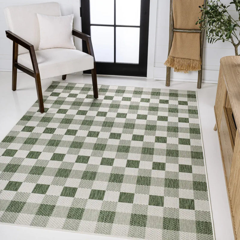 4' X 6' Green And Cream Geometric Indoor Outdoor Area Rug - GreatEagleInc