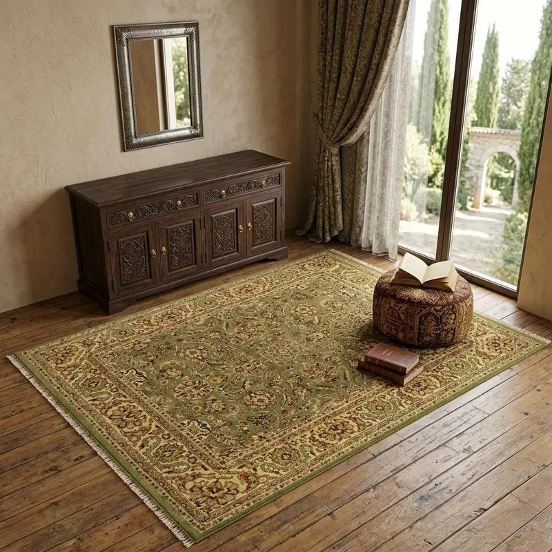 4' X 6' Green And Tan Wool Oriental Hand Knotted Area Rug With Fringe Homeroots Home Decor