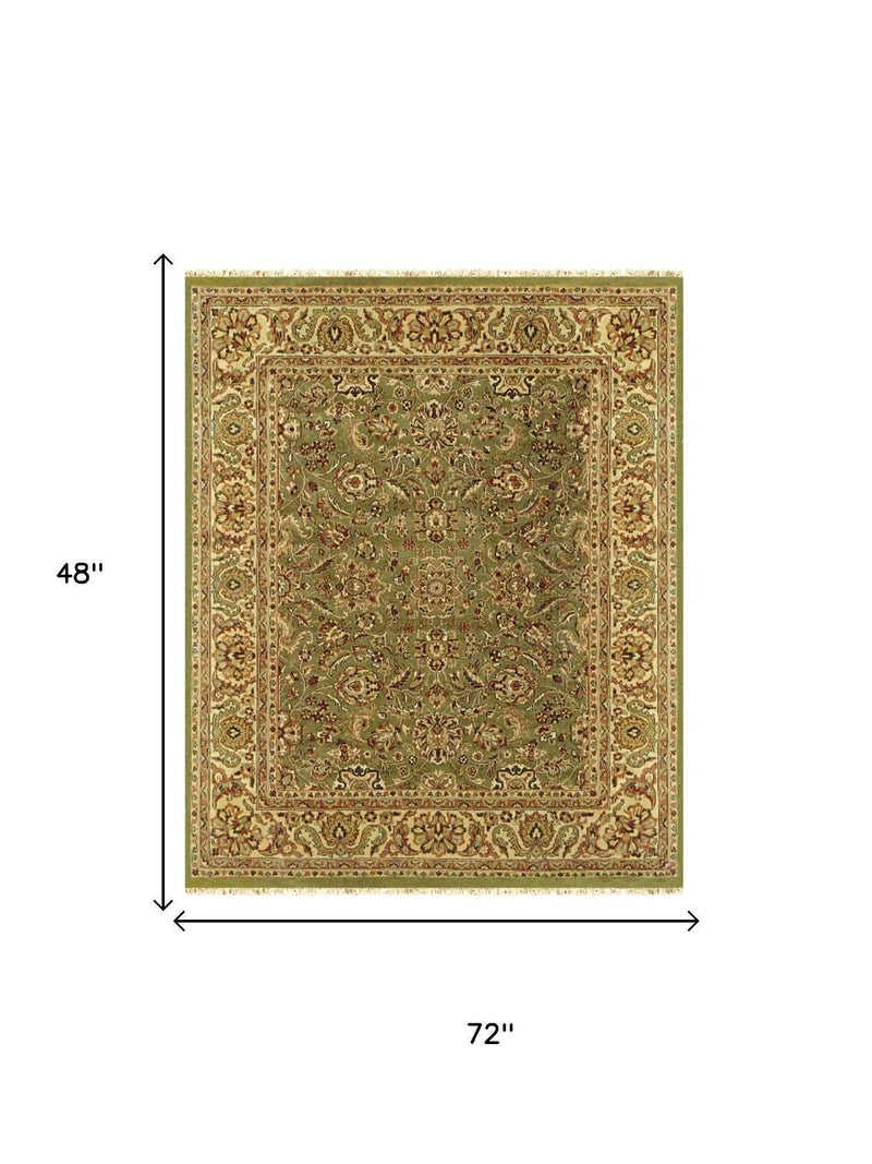 4' X 6' Green And Tan Wool Oriental Hand Knotted Area Rug With Fringe Homeroots Home Decor