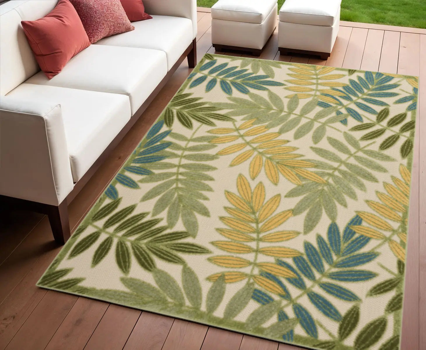 4' X 6' Green Ivory Blue And Yellow Palm Leaf Indoor Outdoor Area Rug Homeroots Outdoor