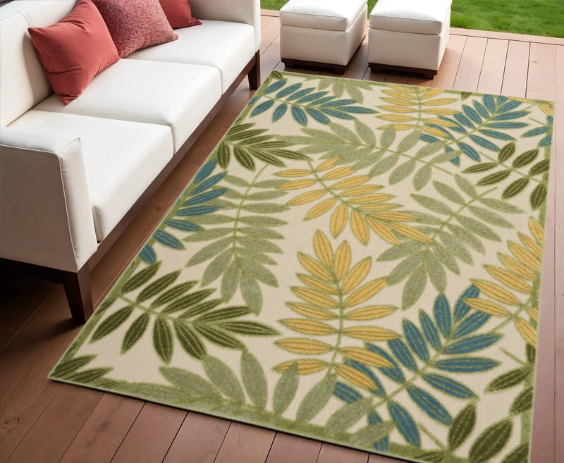 4' X 6' Green Ivory Blue And Yellow Palm Leaf Indoor Outdoor Area Rug Homeroots Outdoor