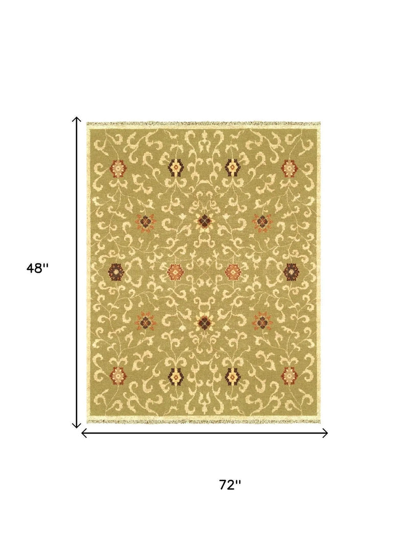 4' X 6' Green Tan And Ivory Wool Floral Hand Knotted Area Rug With Fringe Homeroots Home Decor