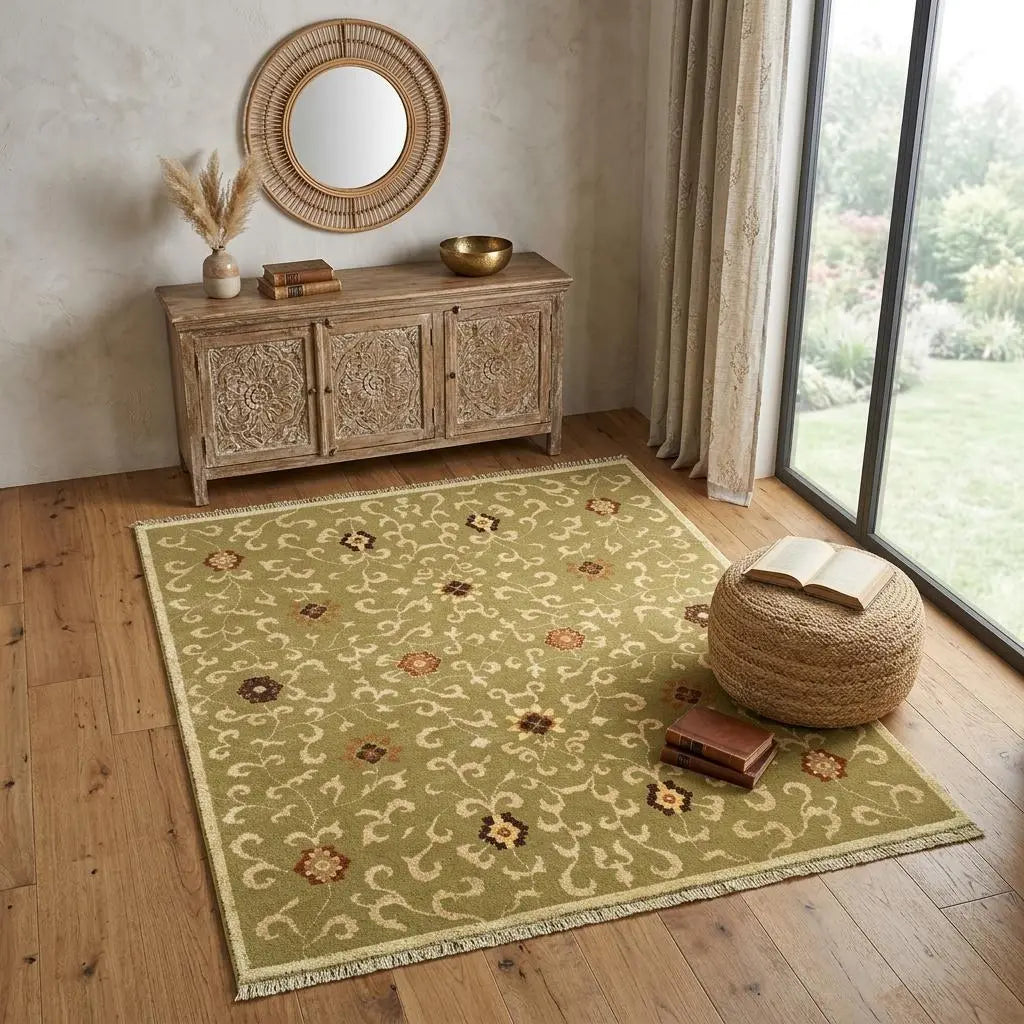 4' X 6' Green Tan And Ivory Wool Floral Hand Knotted Area Rug With Fringe Homeroots Home Decor
