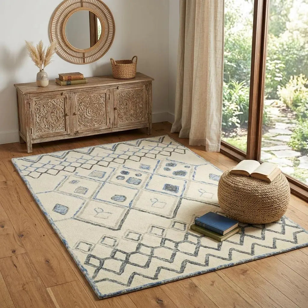 4' X 6' Ivory And Blue Argyle Hand Tufted Area Rug Homeroots Home Decor