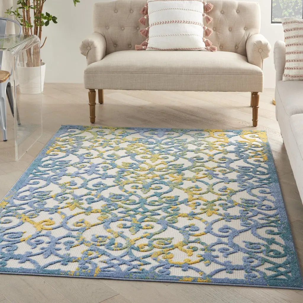 4' X 6' Ivory Blue And Yellow Trellis Indoor Outdoor Area Rug Homeroots Outdoor
