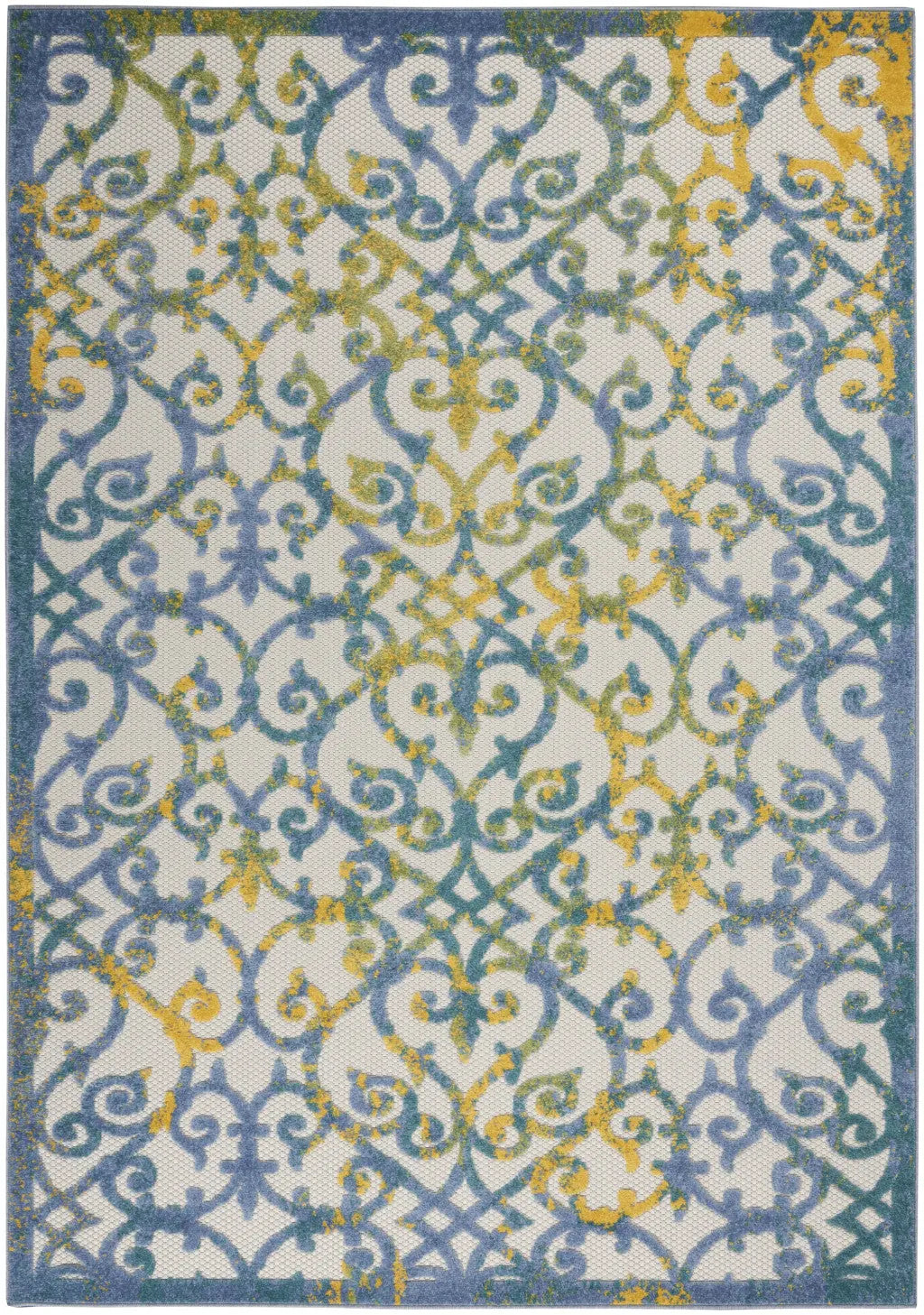 4' X 6' Ivory Blue And Yellow Trellis Indoor Outdoor Area Rug Homeroots Outdoor