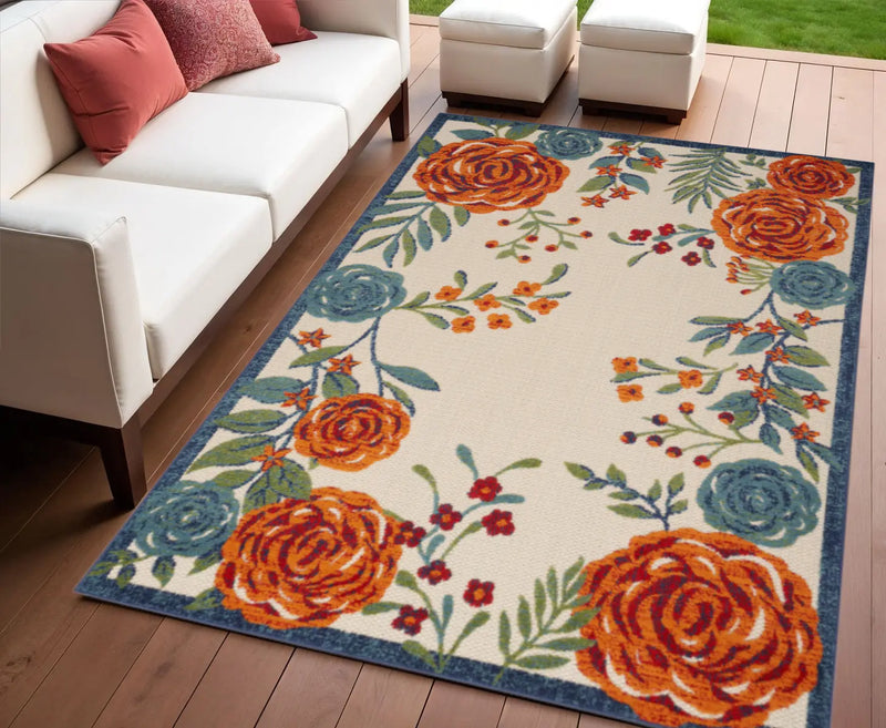 4' X 6' Ivory Blue Orange And Green Floral Indoor Outdoor Area Rug Homeroots Outdoor