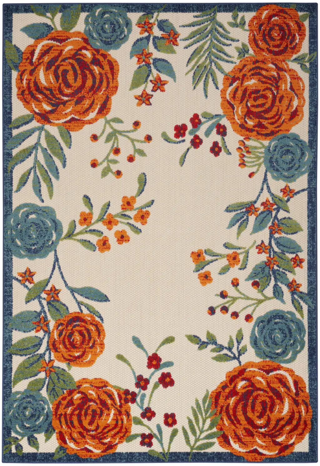 4' X 6' Ivory Blue Orange And Green Floral Indoor Outdoor Area Rug Homeroots Outdoor