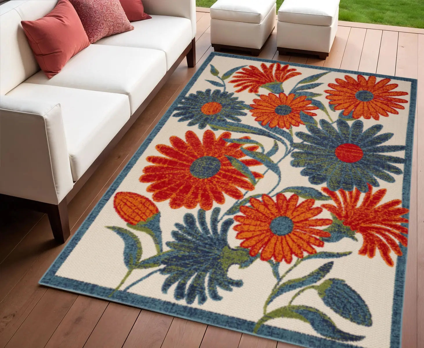 4' X 6' Ivory Blue Orange And Green Floral Indoor Outdoor Area Rug Homeroots Outdoor