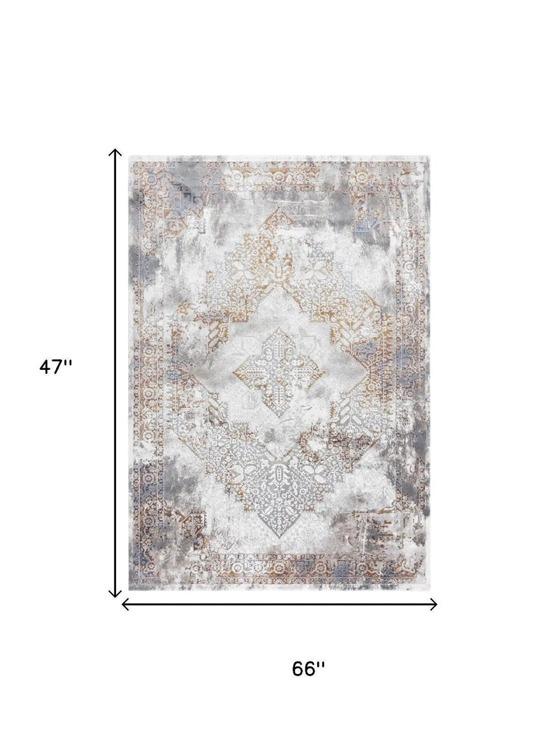 4' X 6' Ivory Blue Orange Red And Gray Medallion Area Rug Homeroots Home Decor