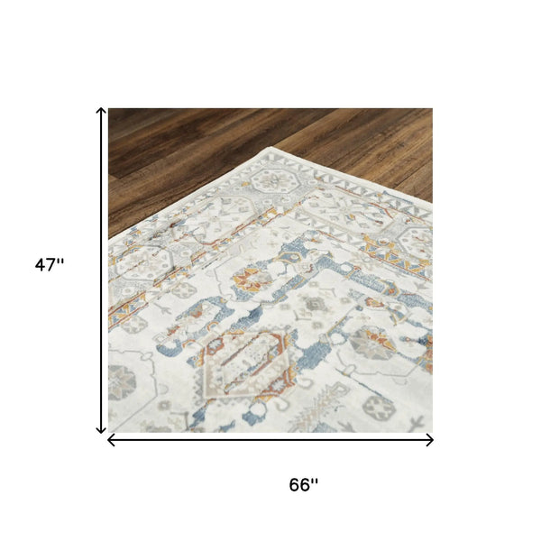 4' X 6' Ivory Blue Orange Red And Gray Oriental Area Rug Homeroots Home Decor