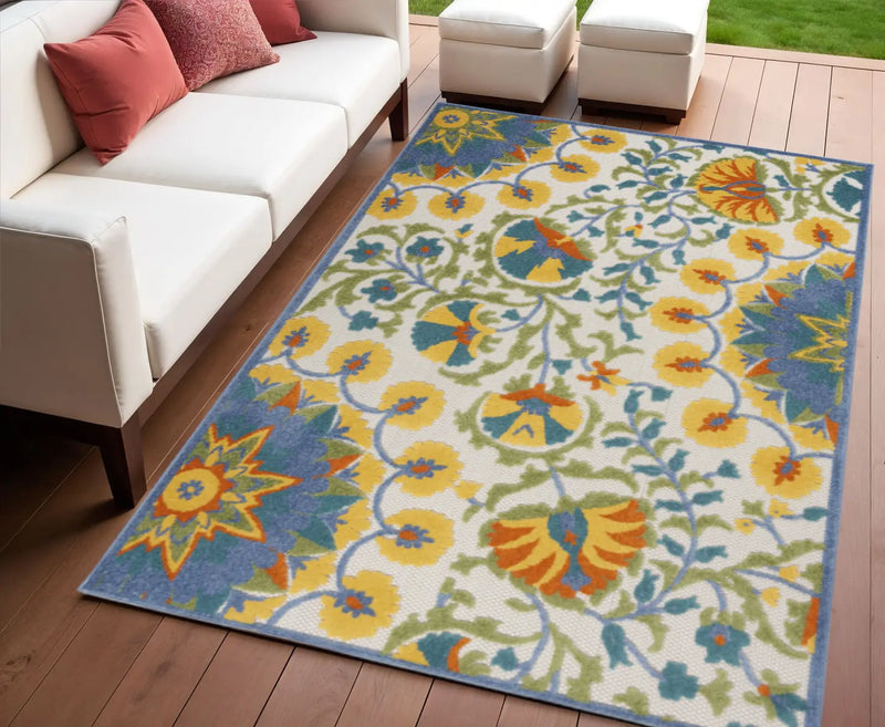 4' X 6' Ivory Blue Yellow And Orange Floral Indoor Outdoor Area Rug Homeroots Outdoor