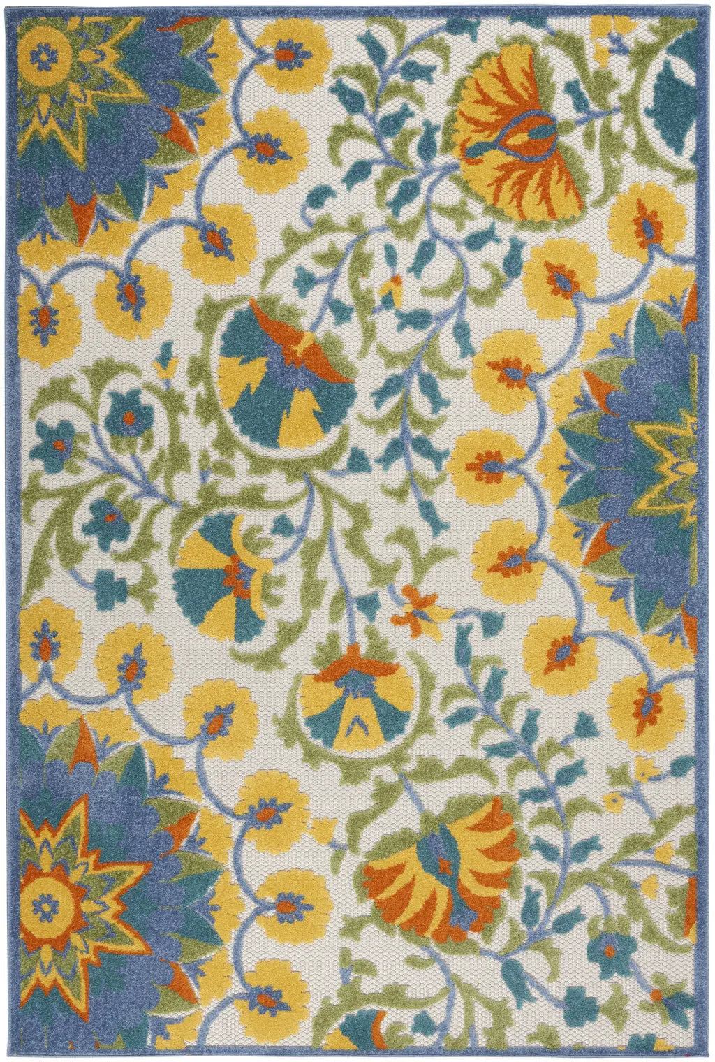 4' X 6' Ivory Blue Yellow And Orange Floral Indoor Outdoor Area Rug Homeroots Outdoor