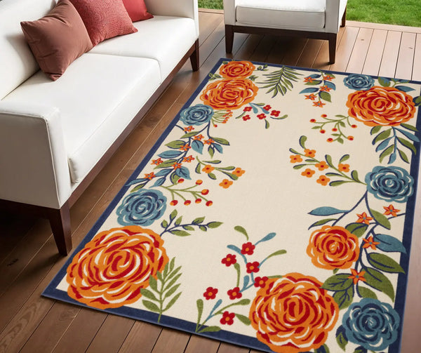 4' X 6' Ivory Blue and Orange Floral Non Skid Indoor Outdoor Area Rug Homeroots Outdoor