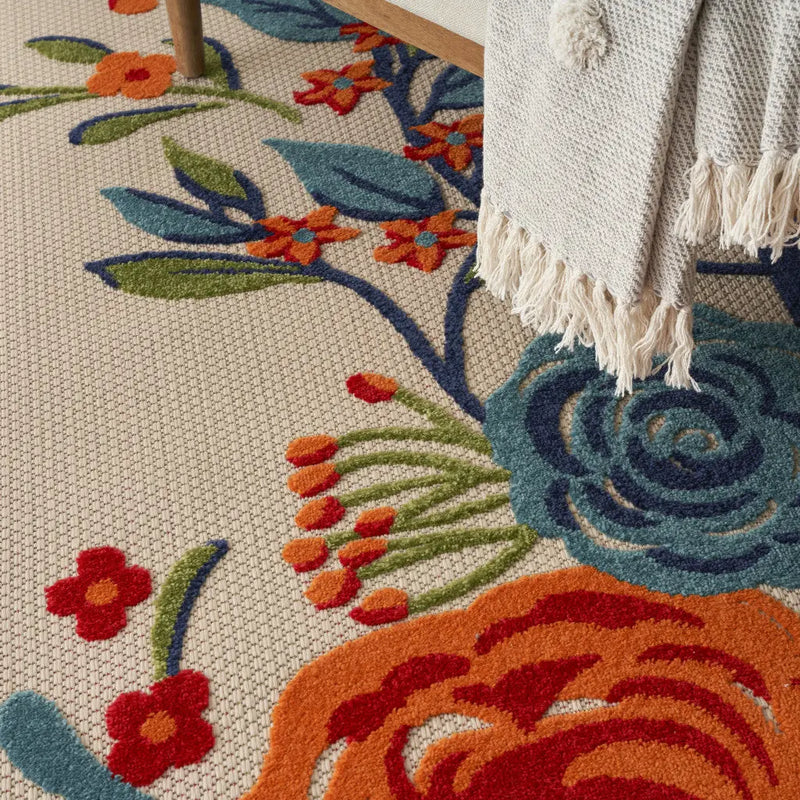 4' X 6' Ivory Blue and Orange Floral Non Skid Indoor Outdoor Area Rug Homeroots Outdoor