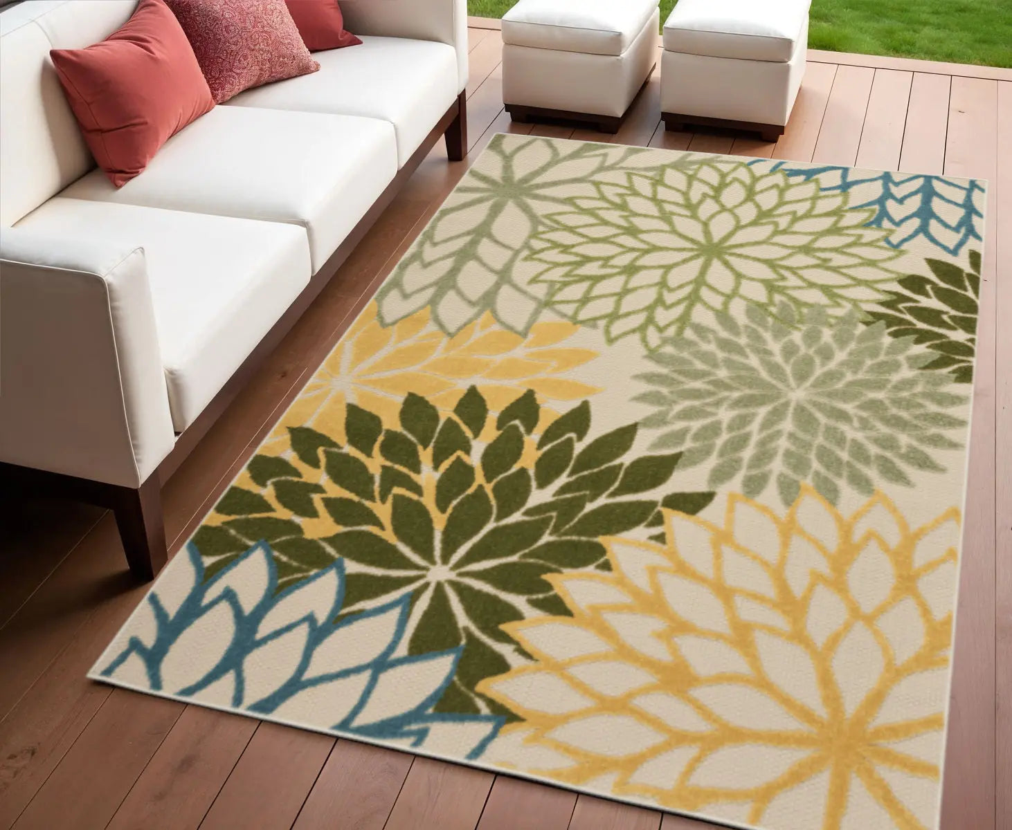 4' X 6' Ivory Green Blue And Yellow Floral Indoor Outdoor Area Rug Homeroots Outdoor