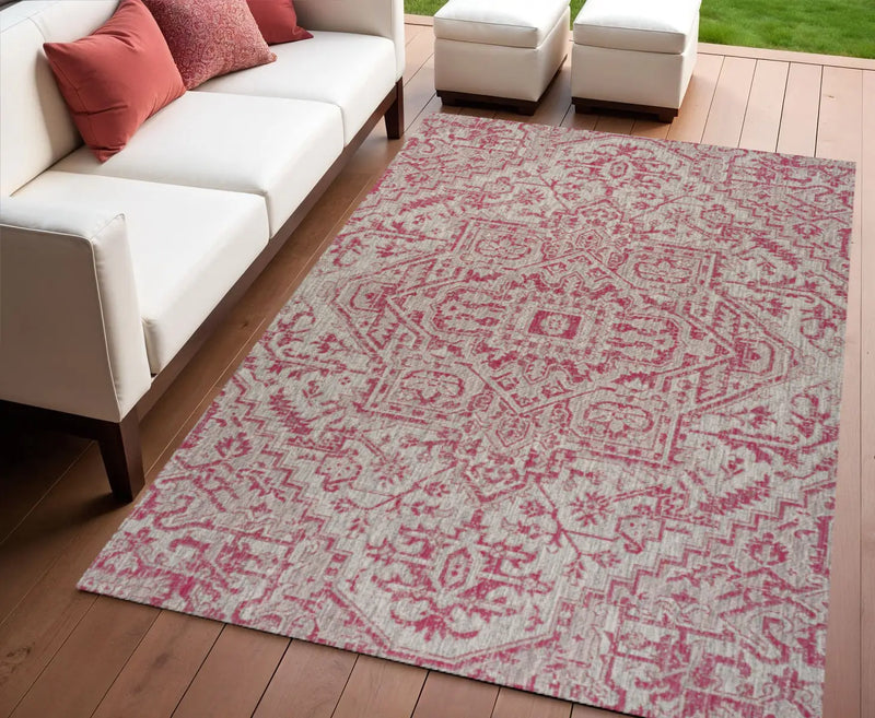 4' X 6' Light Gray And Fuchsia Medallion Indoor Outdoor Area Rug Homeroots Outdoor