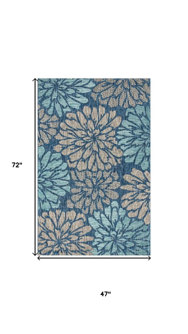 4' X 6' Navy Blue And Aqua Floral Indoor Outdoor Area Rug Homeroots Outdoor