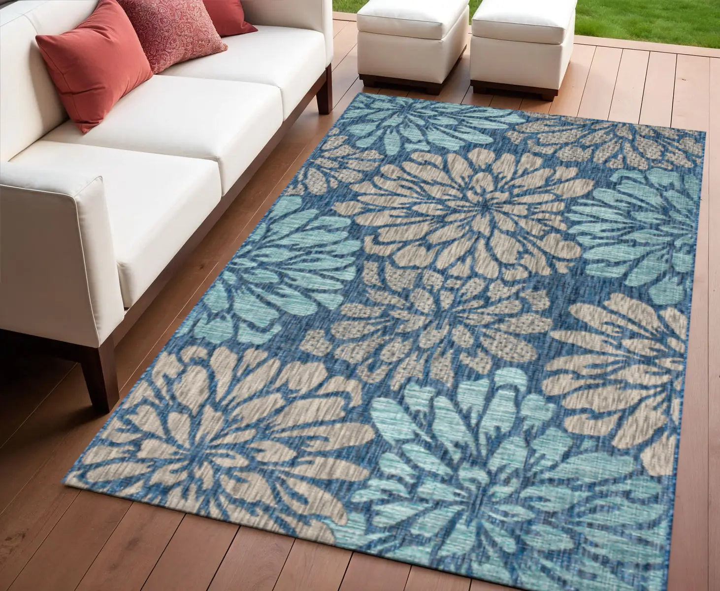 4' X 6' Navy Blue And Aqua Floral Indoor Outdoor Area Rug Homeroots Outdoor