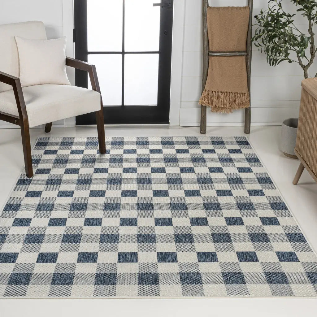 4' X 6' Navy Blue And Cream Geometric Indoor Outdoor Area Rug Homeroots Outdoor