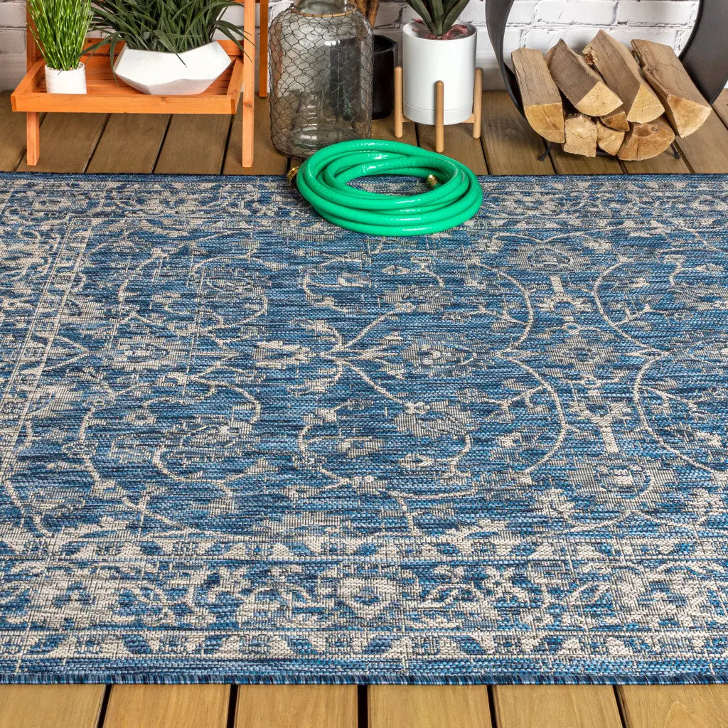 4' X 6' Navy Blue And Gray Medallion Indoor Outdoor Area Rug Homeroots Outdoor