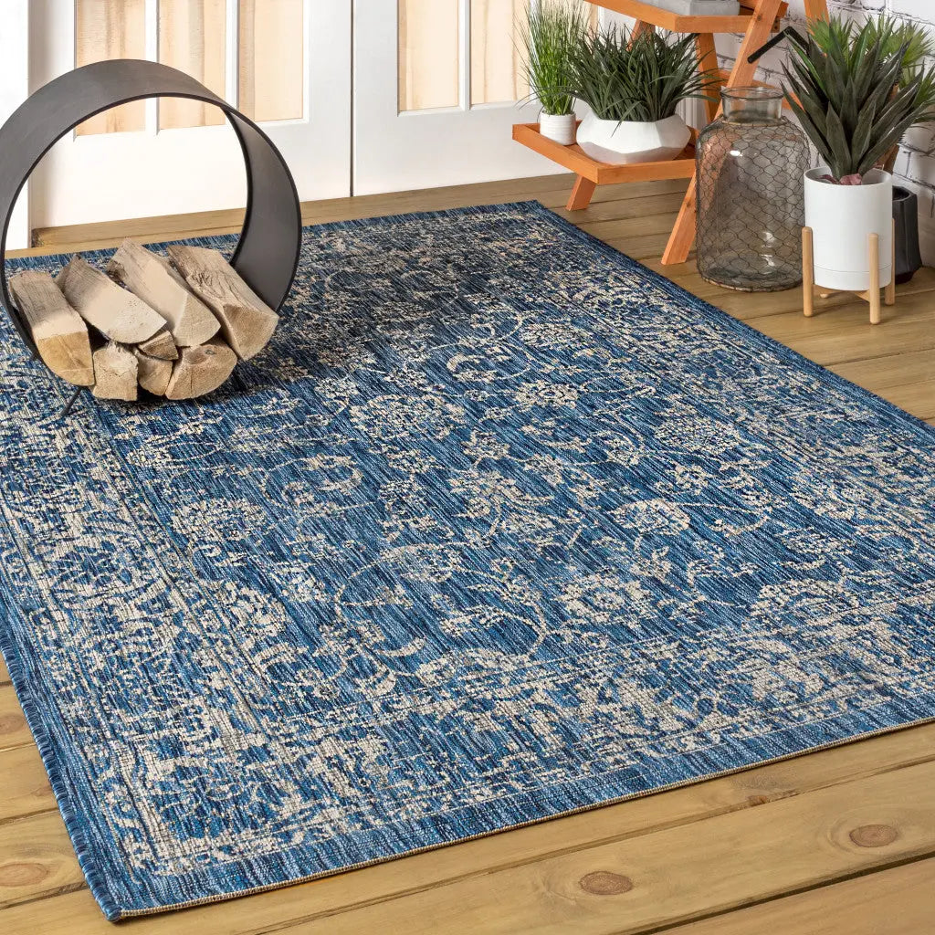 4' X 6' Navy Blue And Gray Medallion Indoor Outdoor Area Rug Homeroots Outdoor