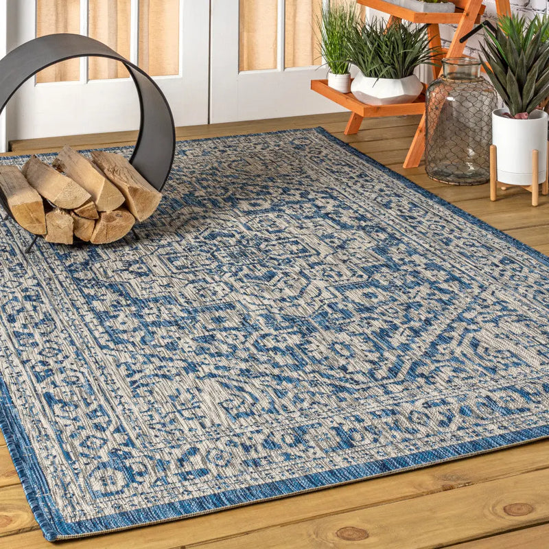4' X 6' Navy Blue And Gray Medallion Indoor Outdoor Area Rug Homeroots Outdoor