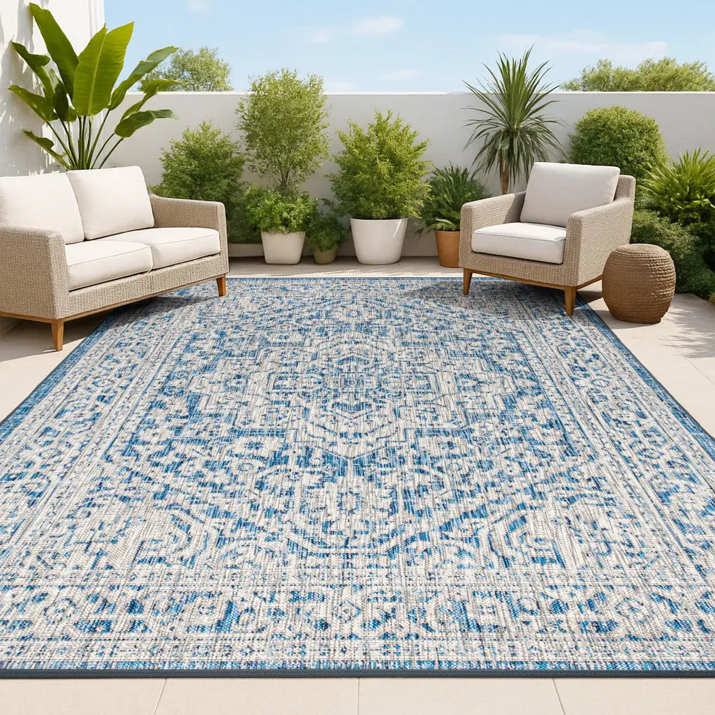 4' X 6' Navy Blue And Gray Medallion Indoor Outdoor Area Rug Homeroots Outdoor