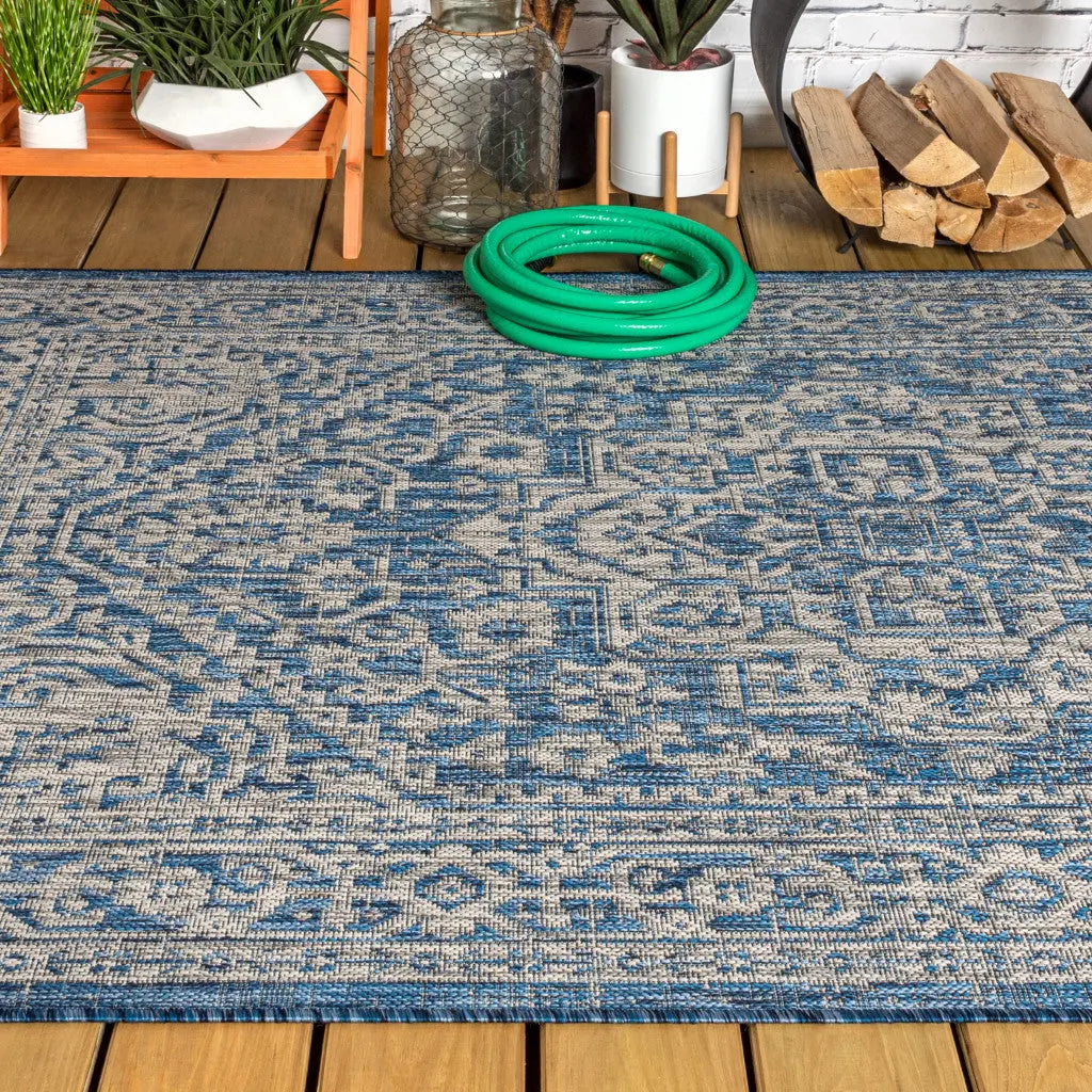 4' X 6' Navy Blue And Gray Medallion Indoor Outdoor Area Rug Homeroots Outdoor