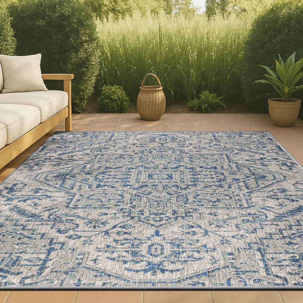 4' X 6' Navy Blue And Gray Medallion Indoor Outdoor Area Rug Homeroots Outdoor