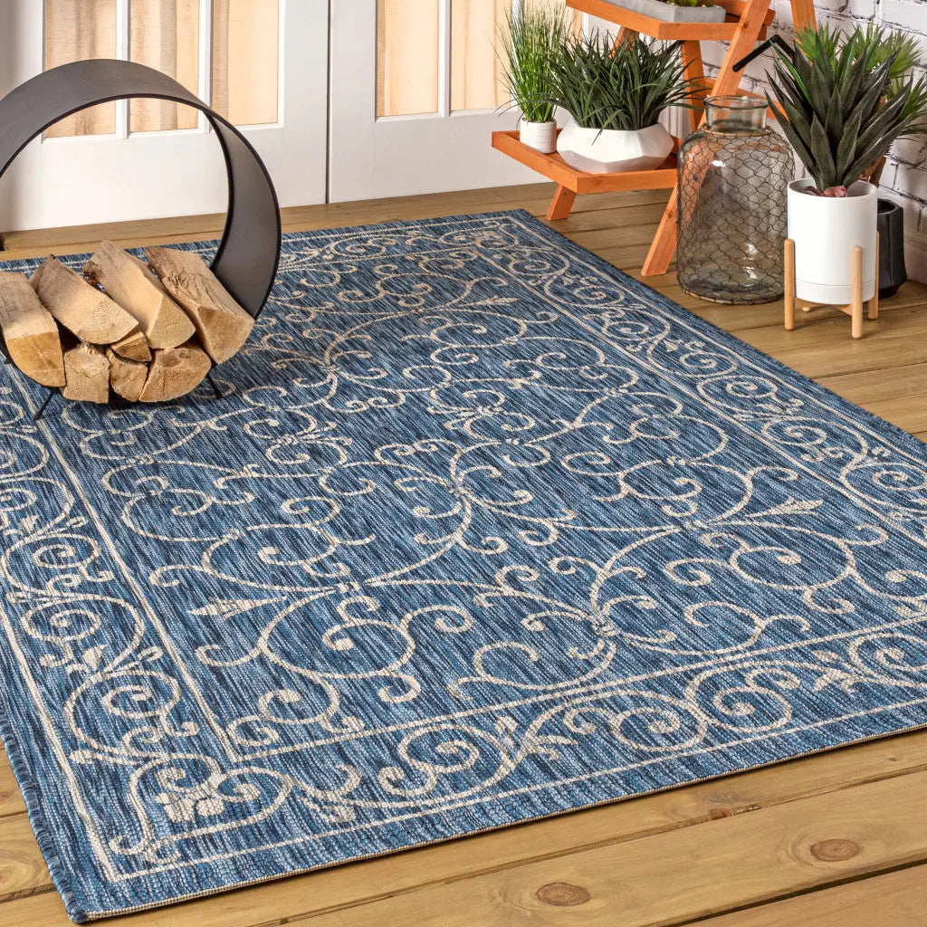 4' X 6' Navy Blue And Gray Medallion Indoor Outdoor Area Rug Homeroots Outdoor