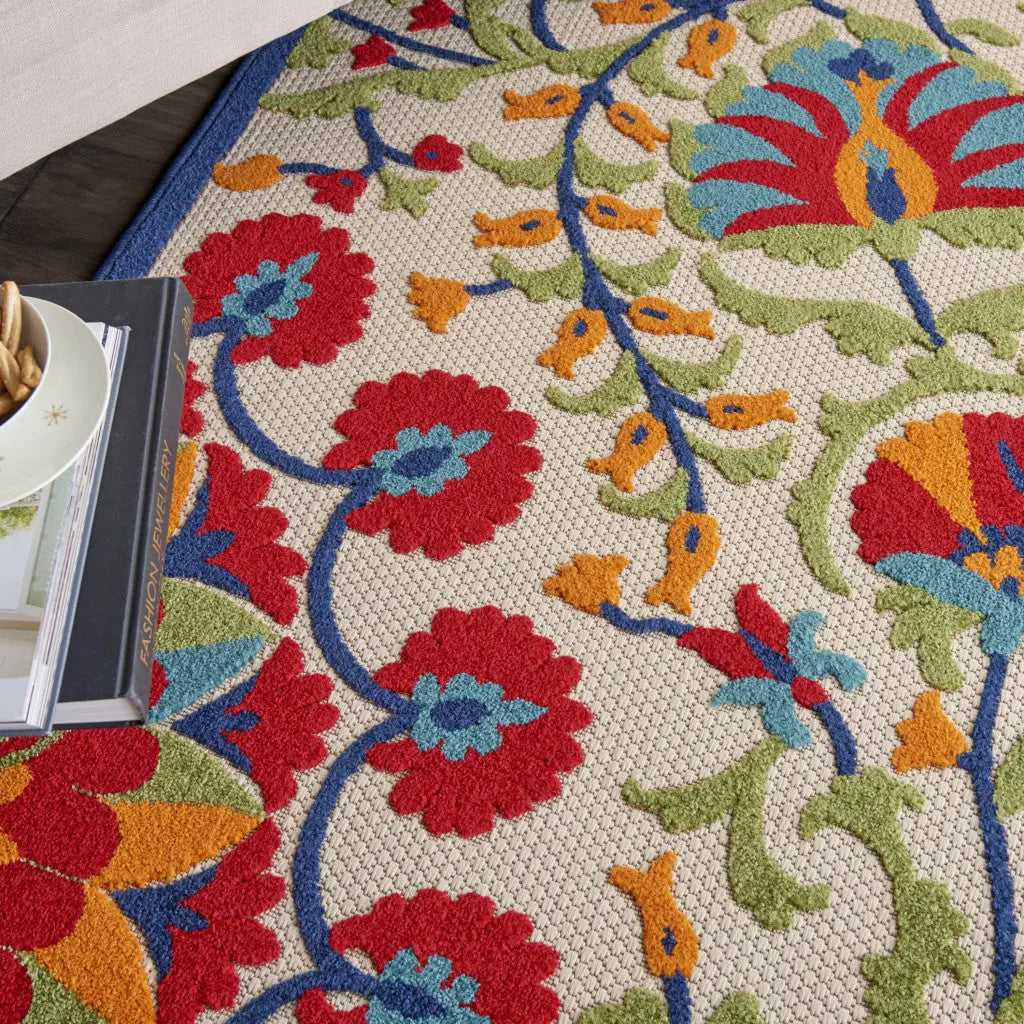 4' X 6' Navy Blue Beige Green Blue And Red Floral Indoor Outdoor Area Rug Homeroots Outdoor