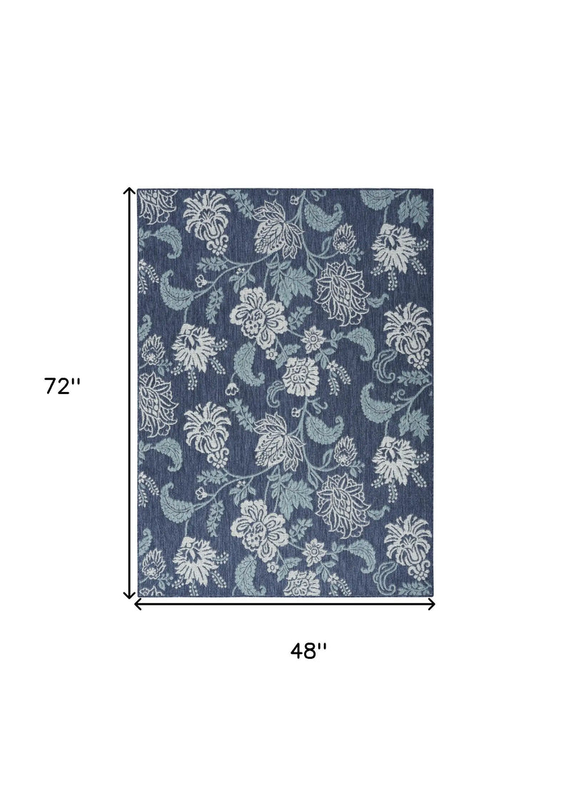 4' X 6' Navy Blue Sky Blue And Ivory Floral Indoor Outdoor Area Rug Homeroots Outdoor