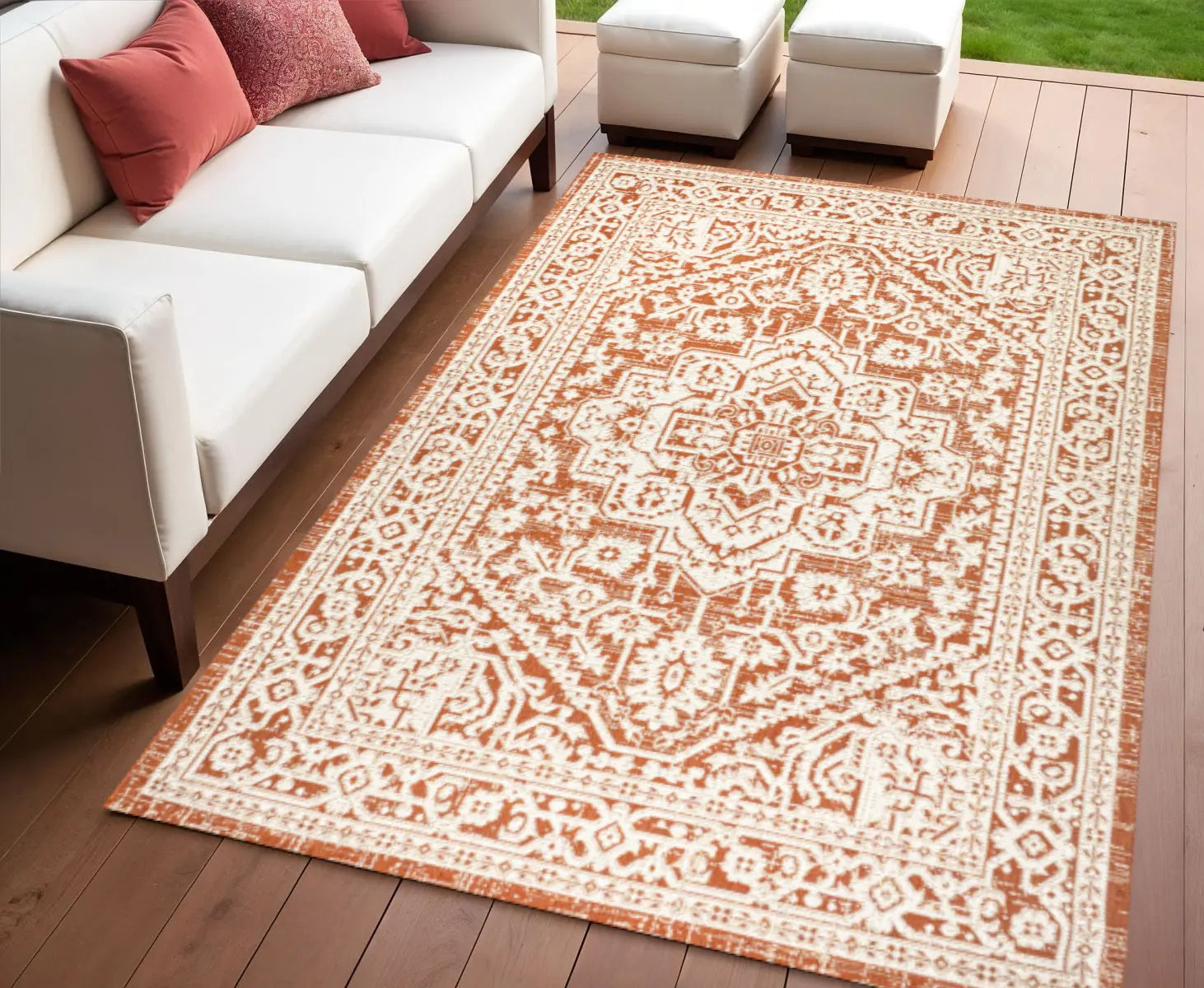 4' X 6' Orange And Cream Medallion Indoor Outdoor Area Rug Homeroots Outdoor