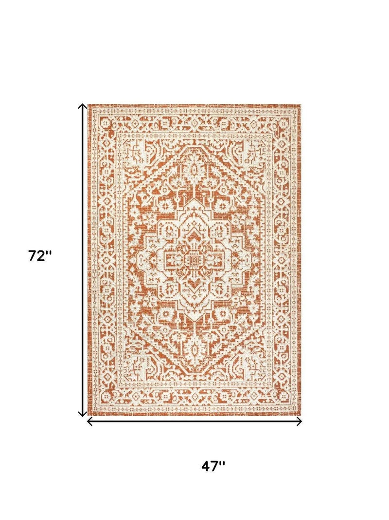 4' X 6' Orange And Cream Medallion Indoor Outdoor Area Rug Homeroots Outdoor