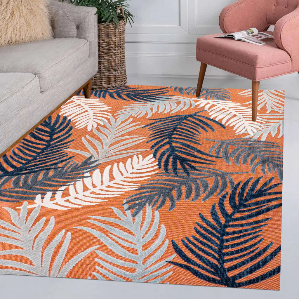 4' X 6' Orange Navy Blue And Ivory Floral Indoor Outdoor Area Rug - GreatEagleInc