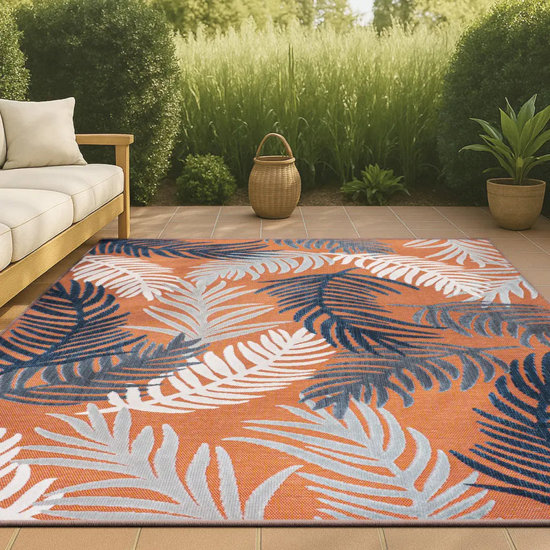 4' X 6' Orange Navy Blue And Ivory Floral Indoor Outdoor Area Rug - GreatEagleInc