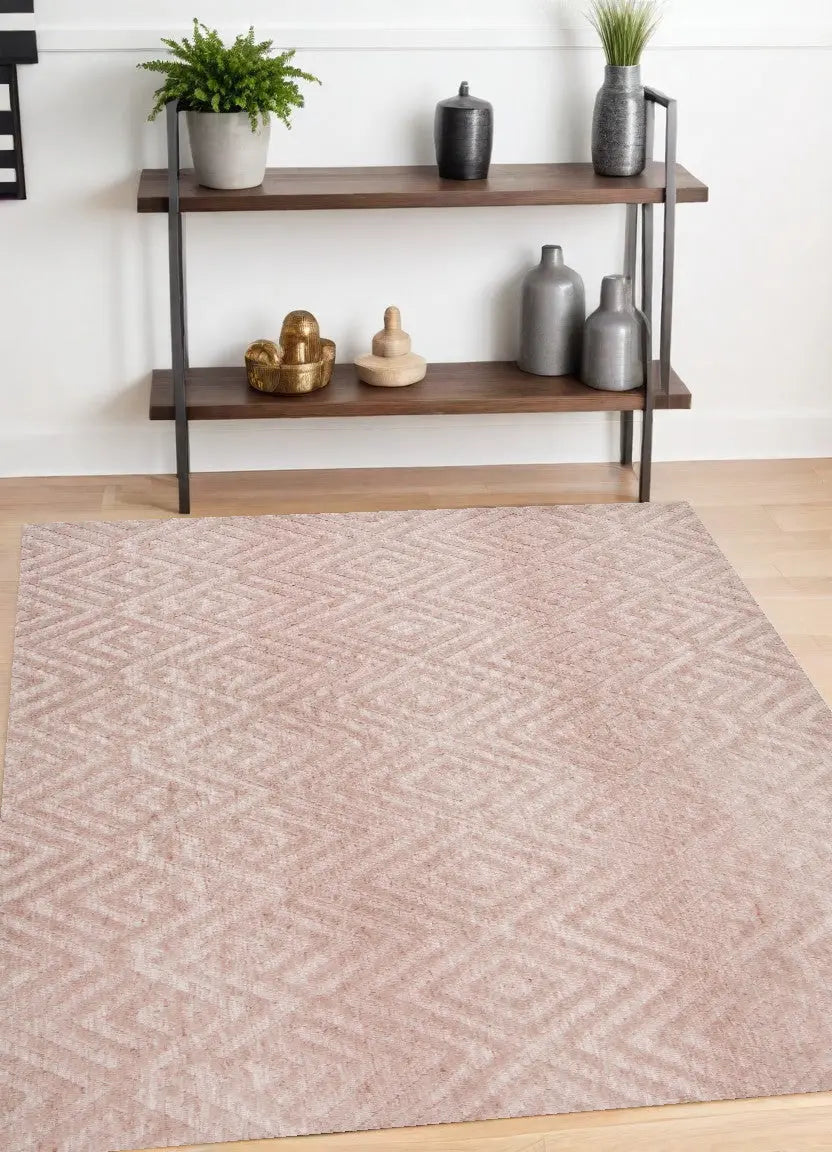 4' X 6' Pink And Ivory Geometric Stain Resistant Area Rug Homeroots Home Decor