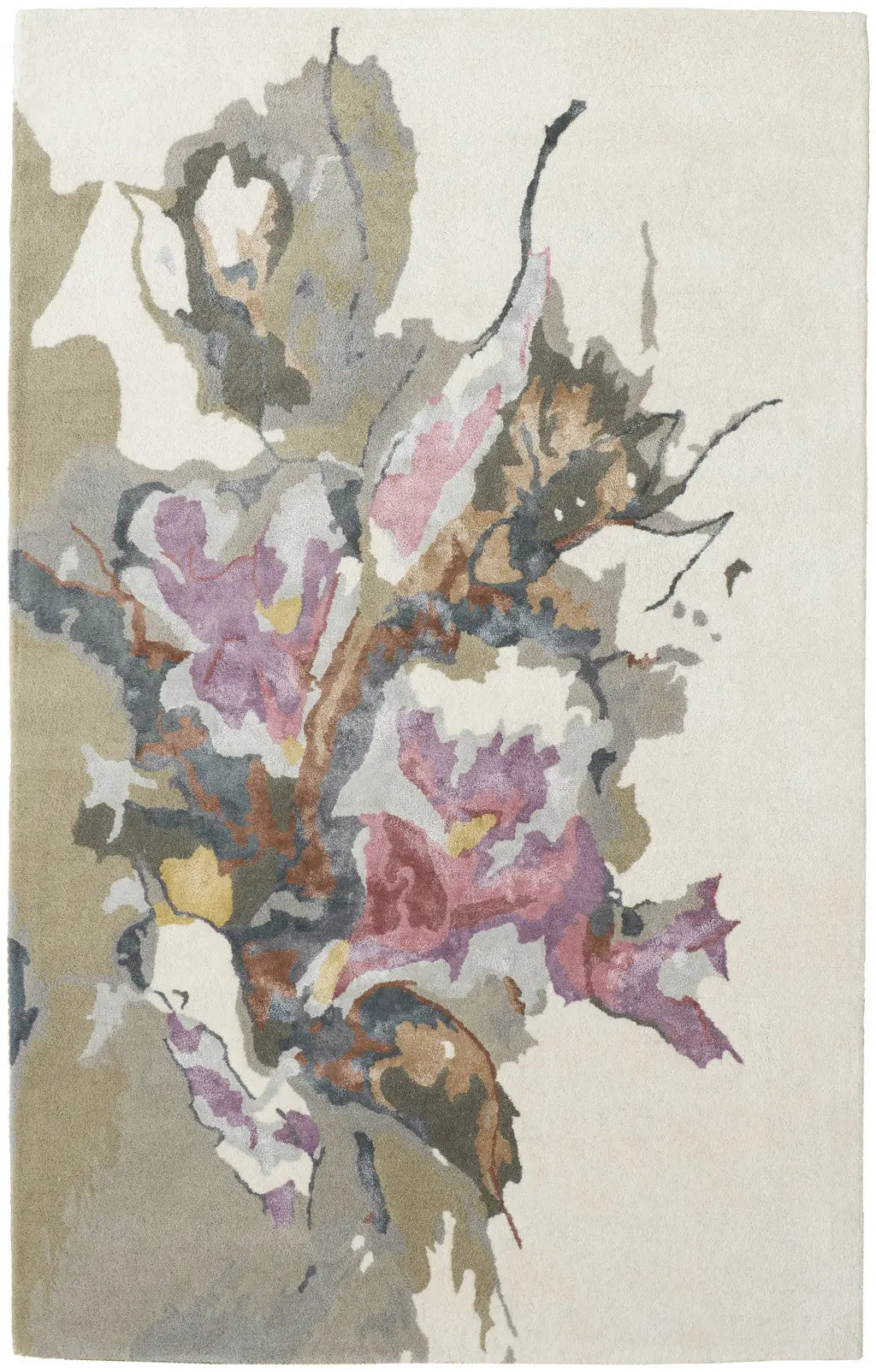 Cream area rug with abstract floral design in shades of pink, purple, and earthy tones, crafted from soft wool.