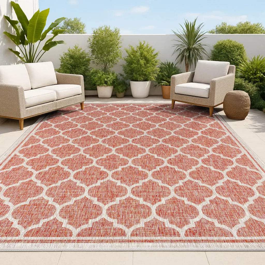 4' X 6' Red And Beige Geometric Indoor Outdoor Area Rug Homeroots Outdoor