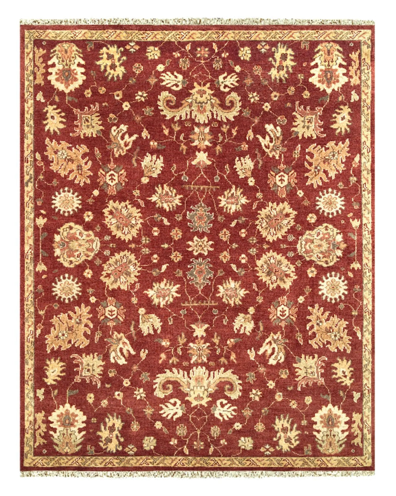 Red vintage area rug with golden floral patterns, featuring intricate Persian design and plush texture.