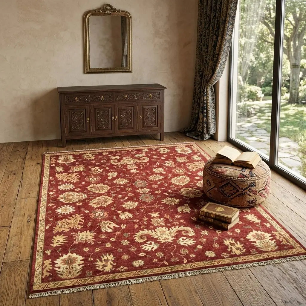 Red floral area rug with gold accents, perfect for cozy living spaces, on hardwood floor with wooden console and decor.