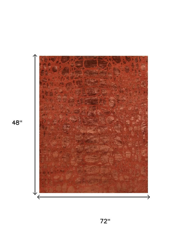 4' X 6' Red And Orange Animal Print Hand Knotted Area Rug Homeroots Home Decor