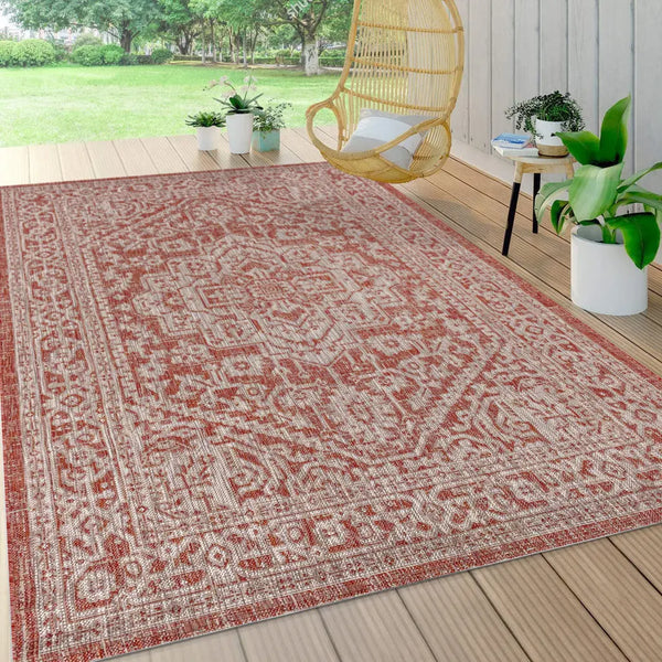 4' X 6' Red And Taupe Medallion Indoor Outdoor Area Rug Homeroots Outdoor