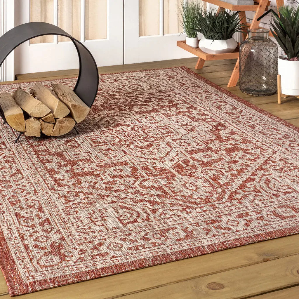 4' X 6' Red And Taupe Medallion Indoor Outdoor Area Rug Homeroots Outdoor