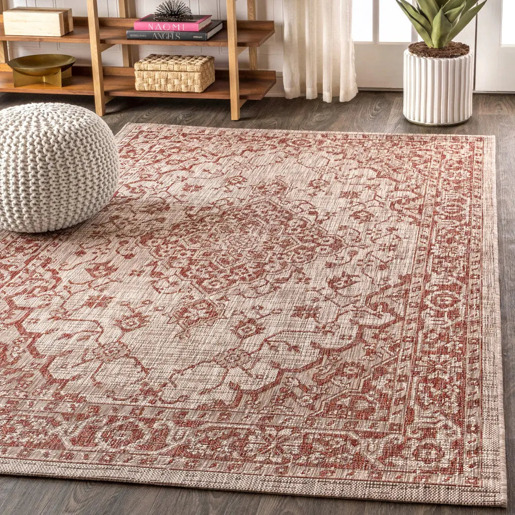 4' X 6' Red And Taupe Medallion Indoor Outdoor Area Rug Homeroots Outdoor