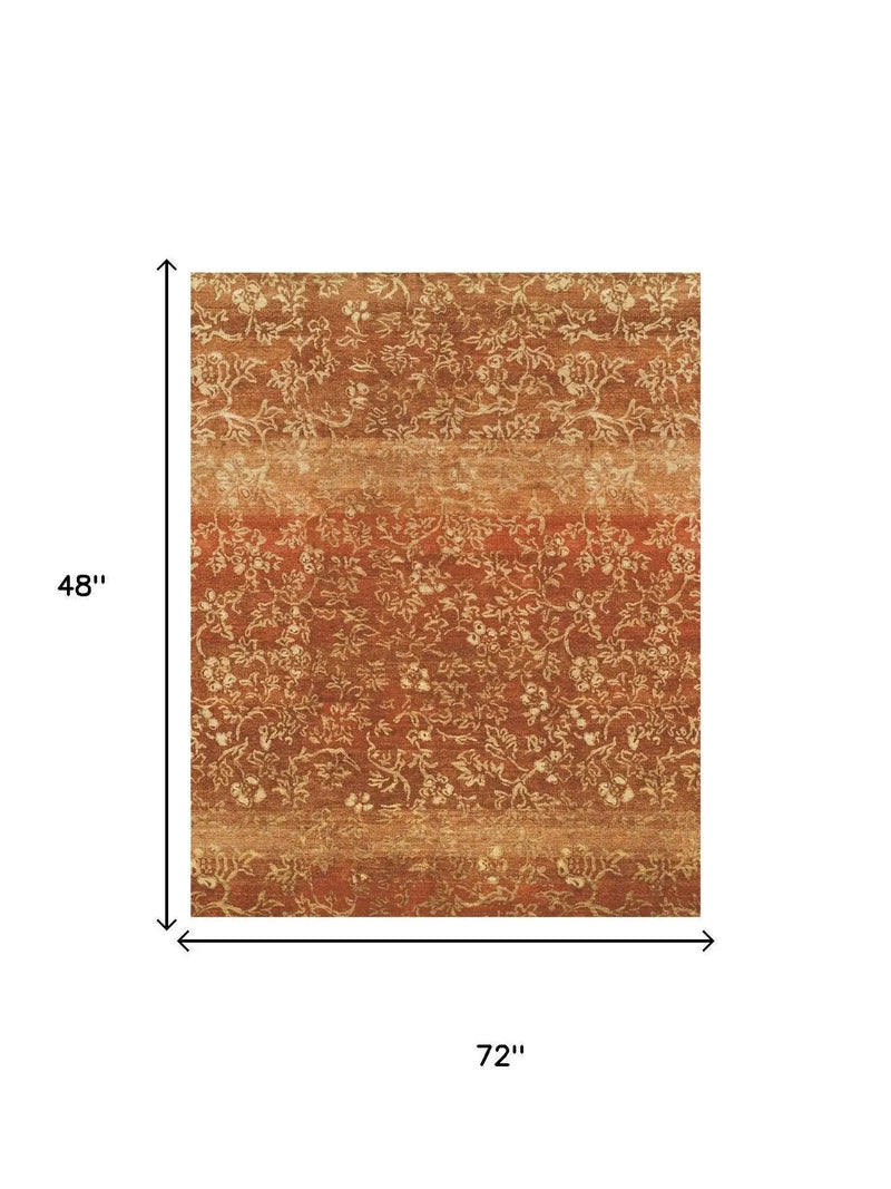 4' X 6' Red Orange And Gold Wool Floral Hand Knotted Area Rug Homeroots Home Decor