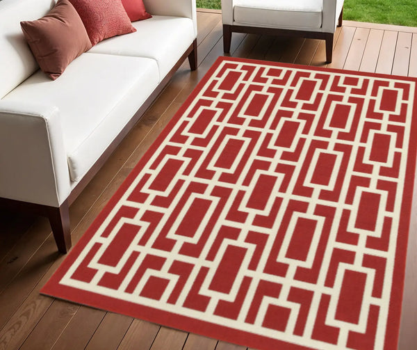 4' X 6' Red and Ivory Geometric Stain Resistant Indoor Outdoor Area Rug Homeroots Outdoor