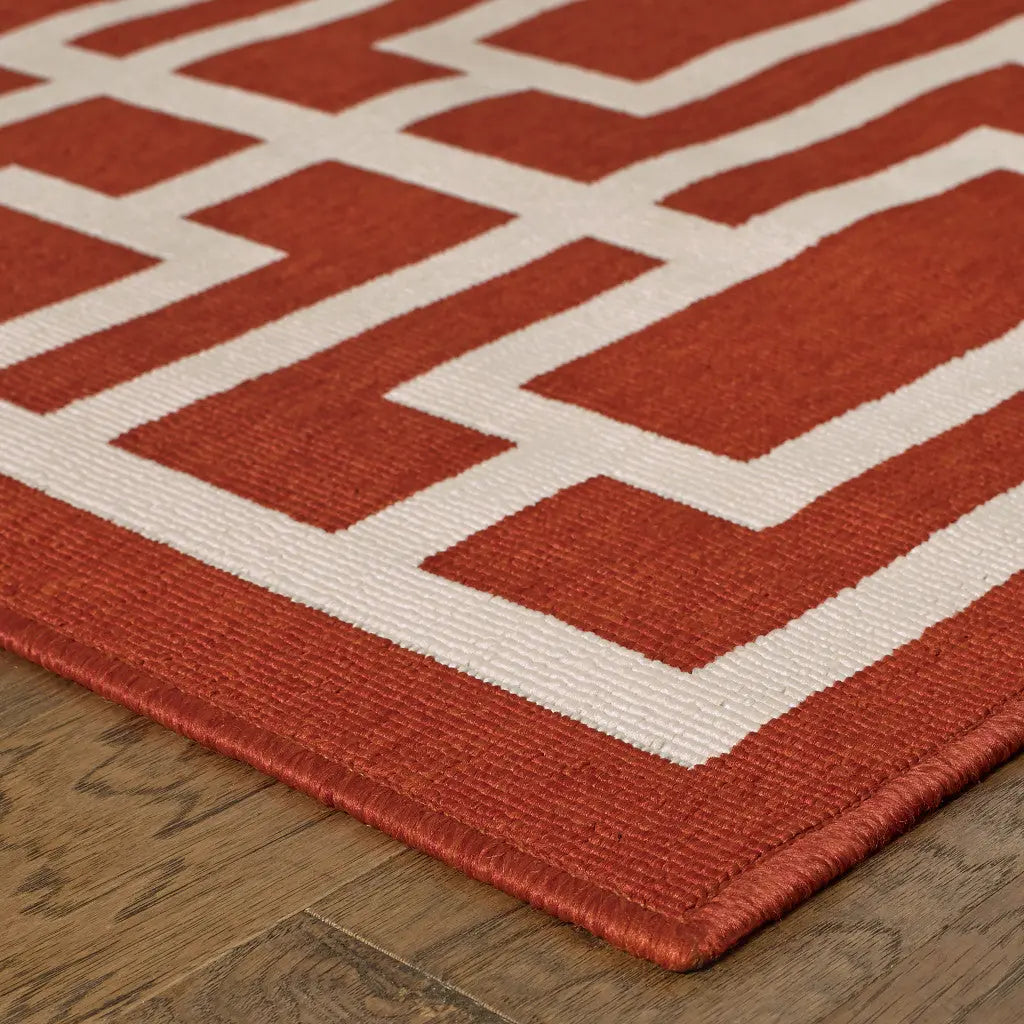 4' X 6' Red and Ivory Geometric Stain Resistant Indoor Outdoor Area Rug Homeroots Outdoor